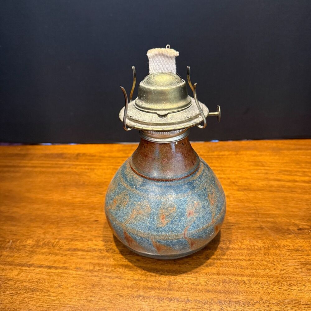 Vintage Studio Pottery Oil Lamp Eagle Burner Stoneware Blue Brown Signed MCM